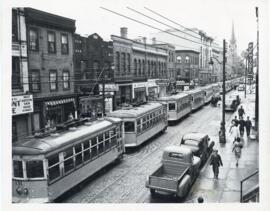 Photograph of Tramcars at a standstill on Barrington Street, Halifax, NS