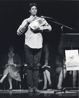 Photograph of Cathy Quinn performing at the 1985 Arts and Culture Assembly