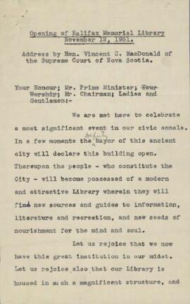 Opening of Halifax Memorial Library, November 12, 1951 : [manuscript]