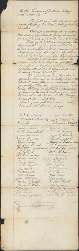 A petition, signed by the student in 1880-81, to the Governors of Dalhousie College to commemorat...