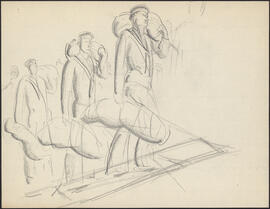 Charcoal and pencil sketch by Donald Cameron Mackay of sailors carrying duffelbags climbing a gan...