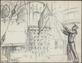 Charcoal and pencil drawing by Donald Cameron Mackay showing a sailor raising flags near the brid...