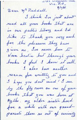 Correspondence between Thomas Head Raddall and Mrs. P. Pendleton
