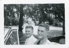 Photograph of Max and Bob Cassidy sitting in a '50 Chevrolet convertible