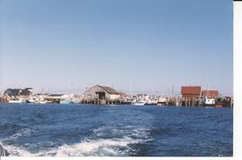 Photograph of docks, boats, and buildings in the distance during the Purebred Sheep Breeders' Ass...