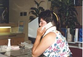 Photograph of library staff member Sherree Miller at the 1987 Nova Scotia Agricultural College Op...