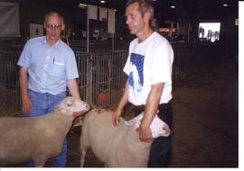 Photograph of people holding sheep during the All Canada Sheep Classic in Brandon, Manitoba, in J...
