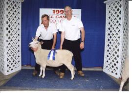 Photograph of two people with a sheep and award on display during the All Canada Sheep Classic in...