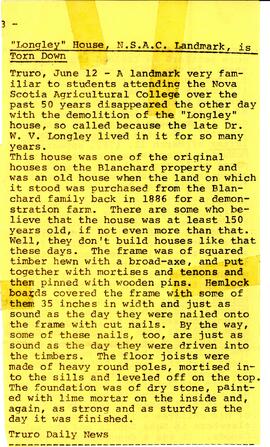 Newspaper clipping of Longley House