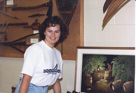 Photograph of library staff member Chrissie Frank at the 1987 Nova Scotia Agricultural College Op...