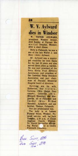 Newspaper clipping related to the death of Victor Aylward, of Windsor, Nova Scotia