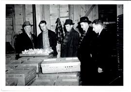 Photograph of Roy MacDonald with other men and baby chickens