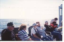 Photograph of a group of people on a ferry during the Purebred Sheep Breeders' Association tour t...