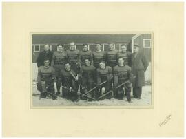 Photograph of the Nova Scotia Agricultural College hockey team on the ice outdoors, Roy MacDonald...