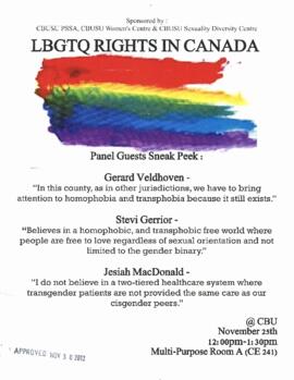 Poster for "LBGTQ Rights in Canada" presentation at CBUSU Women's Centre