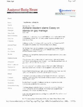 Printed copy of one page of an article published online "Amherst resident slams Casey on stance o...