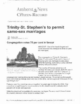 Printed copy of an article published online "Trinity-St. Stephen's to permit same-sex marriages" ...